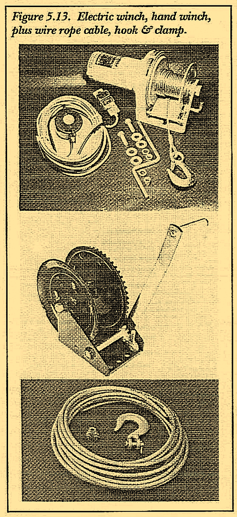 Figure 5.13. Electric winch, hand winch, plus wire rope cable, hook & clamp. 