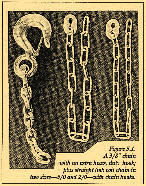 Figure 5.1. A 3/8" chain with an extra heavy duty hook; plus straight link coil chain in two sizes-5/0 and 2/0-with chain hooks.