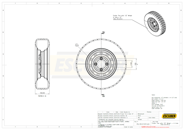 Trailer Tire with 13" Wheel - 4 hole - 145-70-R13