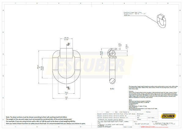 CargoSmart Forged Steel D-Ring Tie-Down Anchor - Weld On - 1" x 5" 15,000 lbs