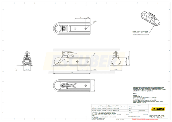 Channel Tongue Trailer CouplerTrigger Latch - Zinc - 2 BallBolt On - 3.500 lbs