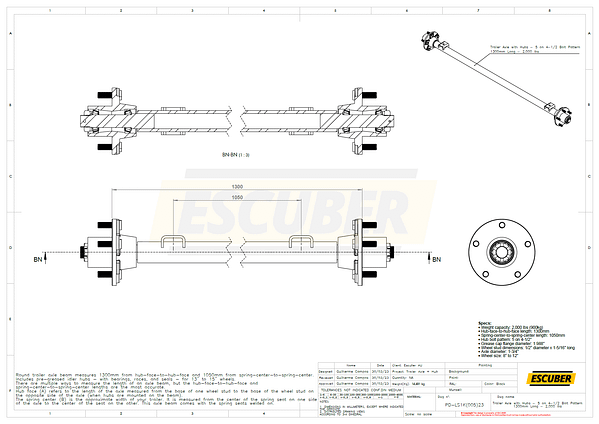 Trailer Axle with Idler Hubs - 5 on 4-1/2 Bolt Pattern – 1300mm Long - 2,000 lbs / 900 Kg