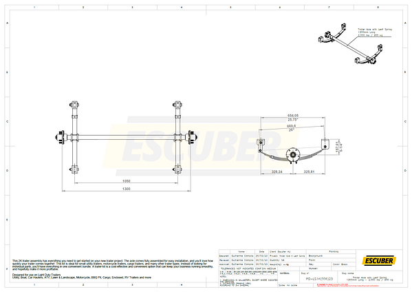 Trailer Axle with Leaf Spring 1300mm Long - 2,000 lbs / 900 kg