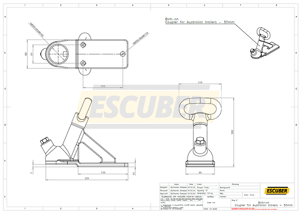 Bolt-on Coupler for Australian trailers - 50mm