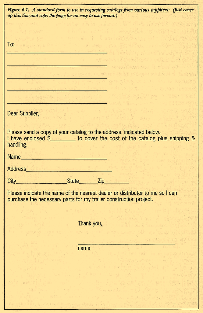 Figure 6.1. A standard form to use in requesting catalogs from various suppliers: Just cover up this line and copy the page for an easy to use format.)