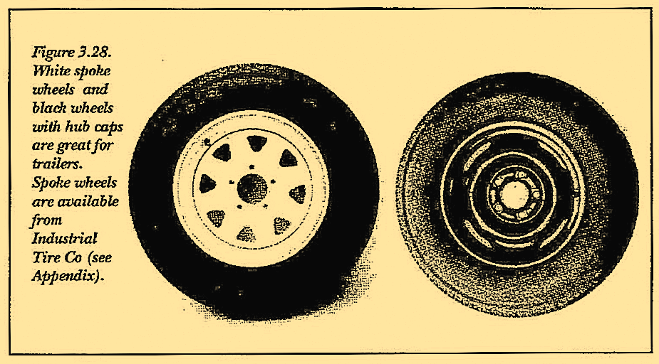 Figure 3.28. White spoke wheels and black wheels with hub caps are great for trailers. Spoke wheels are available from Industrial Tire Co (see Appendix).